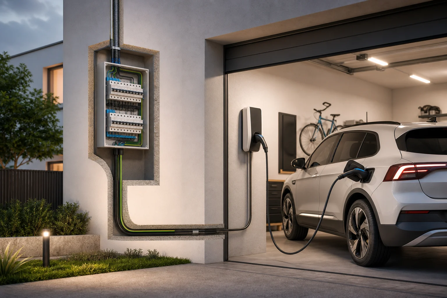 Visual diagram of a home with a garage, electrical panel and charging point connected to a car