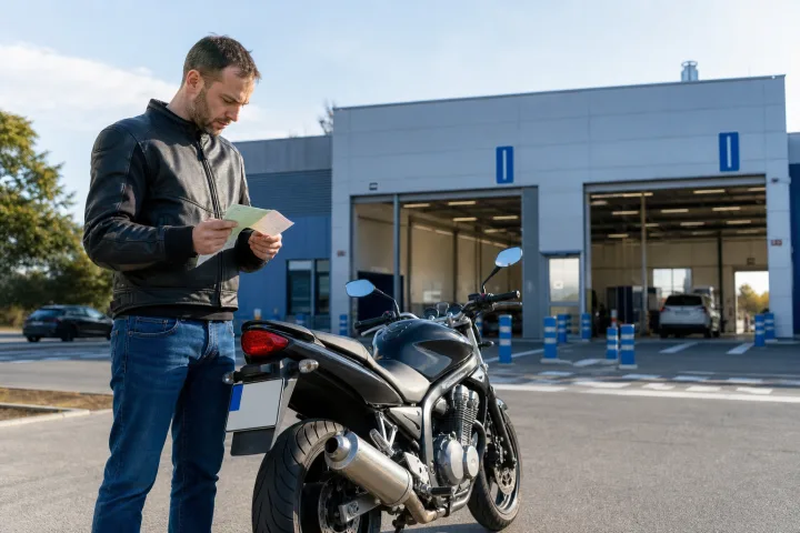 Motorrad vor einer ITV-Prüfstelle mit bereitliegender technischer Fahrzeugkarte (ficha técnica / tarjeta ITV) und permiso de circulación (Zulassungsdokument)