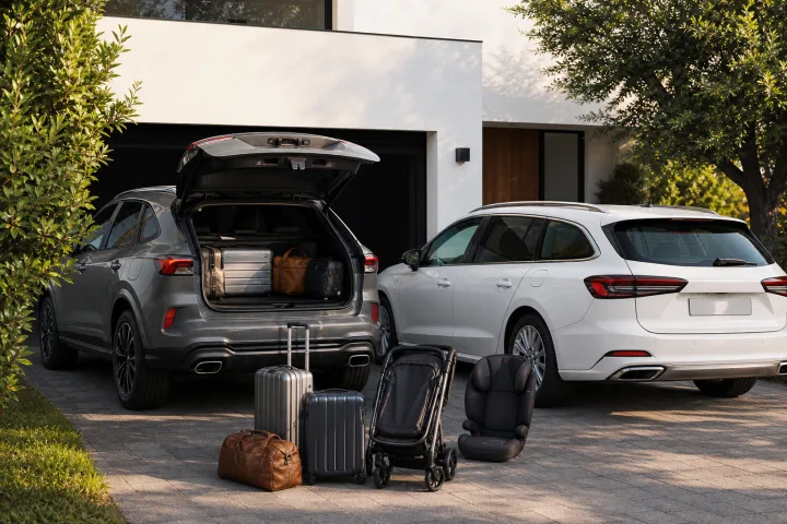 Ein SUV und ein Kombi parken mit Gepäck und einem Kindersitz vor einer Wohngarage