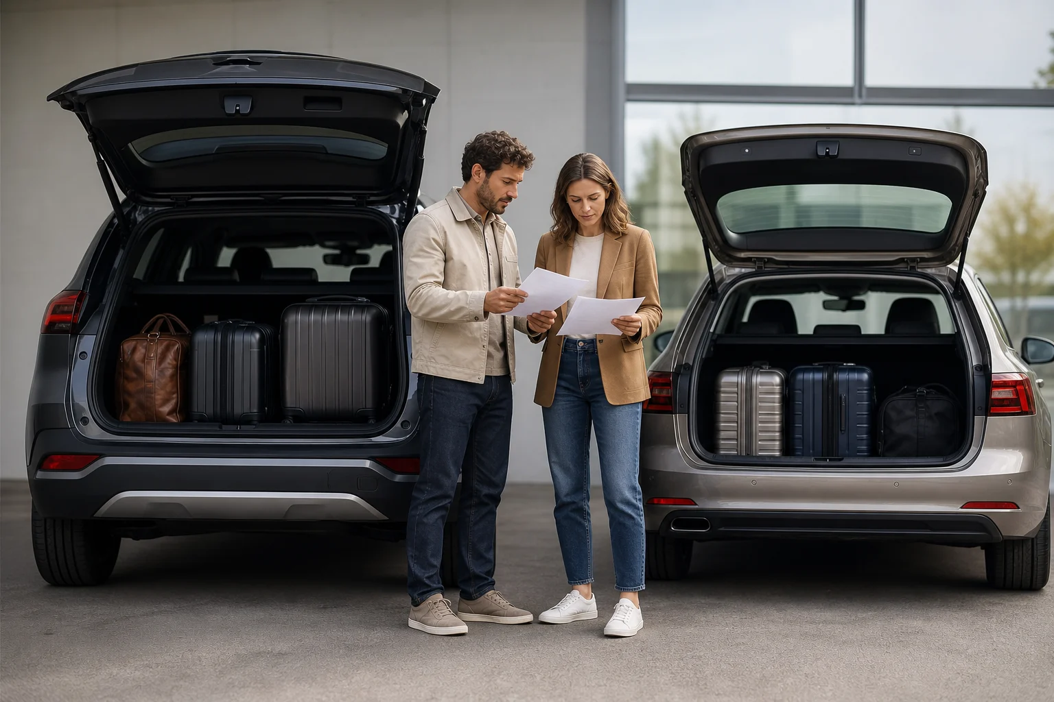 Deux personnes comparent le coffre ouvert d’un SUV et d’un break avec des bagages