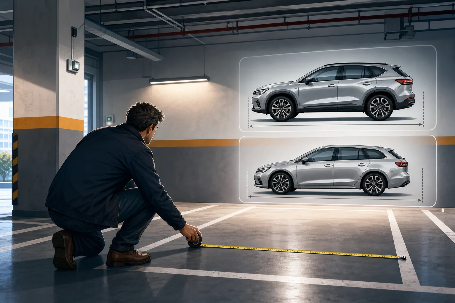 Une personne mesure la largeur d’une place de garage avant de comparer deux voitures