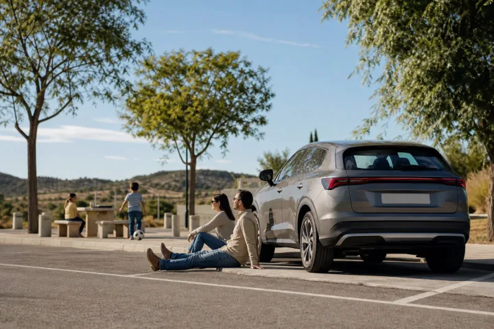 Familienauto, das an einem Rastplatz steht, während die Insassen sich vor der Weiterfahrt die Beine vertreten