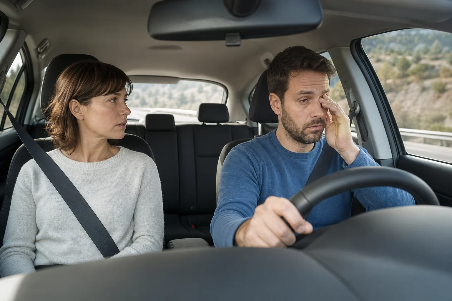 Conducente con segni visibili di stanchezza mentre percorre una strada