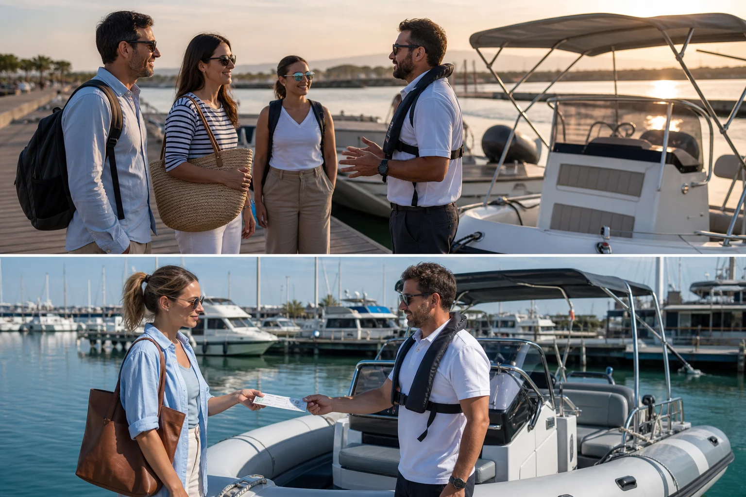 Des passagers avec un skipper et une cliente montrant son titre avant de louer un semi-rigide.