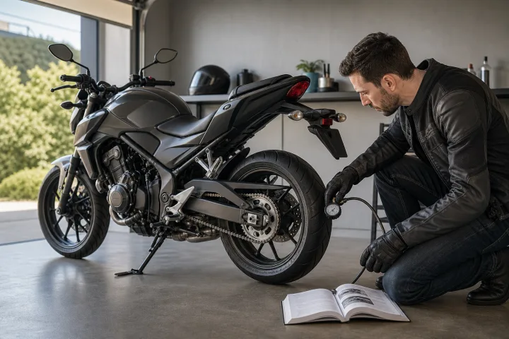 Geparktes Motorrad neben einem Manometer, während ein Motorradfahrer das Benutzerhandbuch liest.