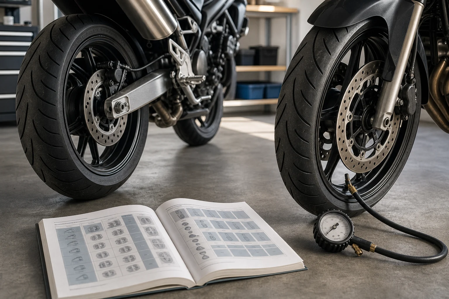 Roue avant et roue arrière d’une moto, un manomètre et un manuel ouvert sur une table de garage.