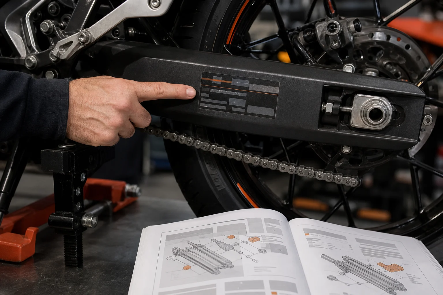Détail du bras oscillant d’une moto avec un autocollant technique et le manuel du propriétaire à côté.