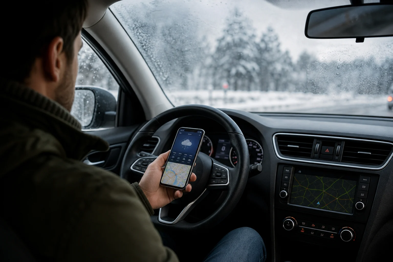 Personne consultant les prévisions météorologiques et l’état du trafic avant de partir en voiture.