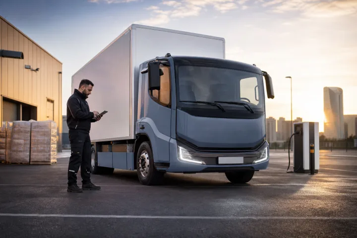Camion elettrico per la distribuzione accanto a un magazzino logistico durante la preparazione di un percorso urbano