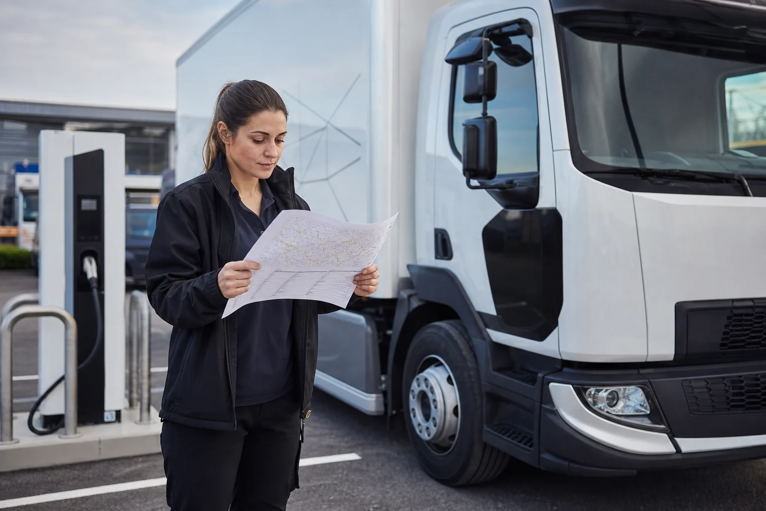 Responsable de flotte examinant les données d’itinéraire près d’un camion électrique de distribution