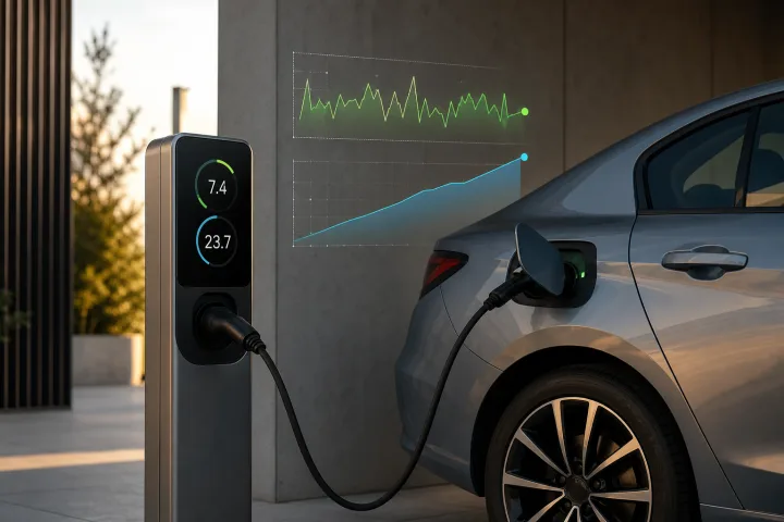 Carro elétrico ligado a um ponto de carregamento enquanto um ecrã mostra potência em kW e energia em kWh