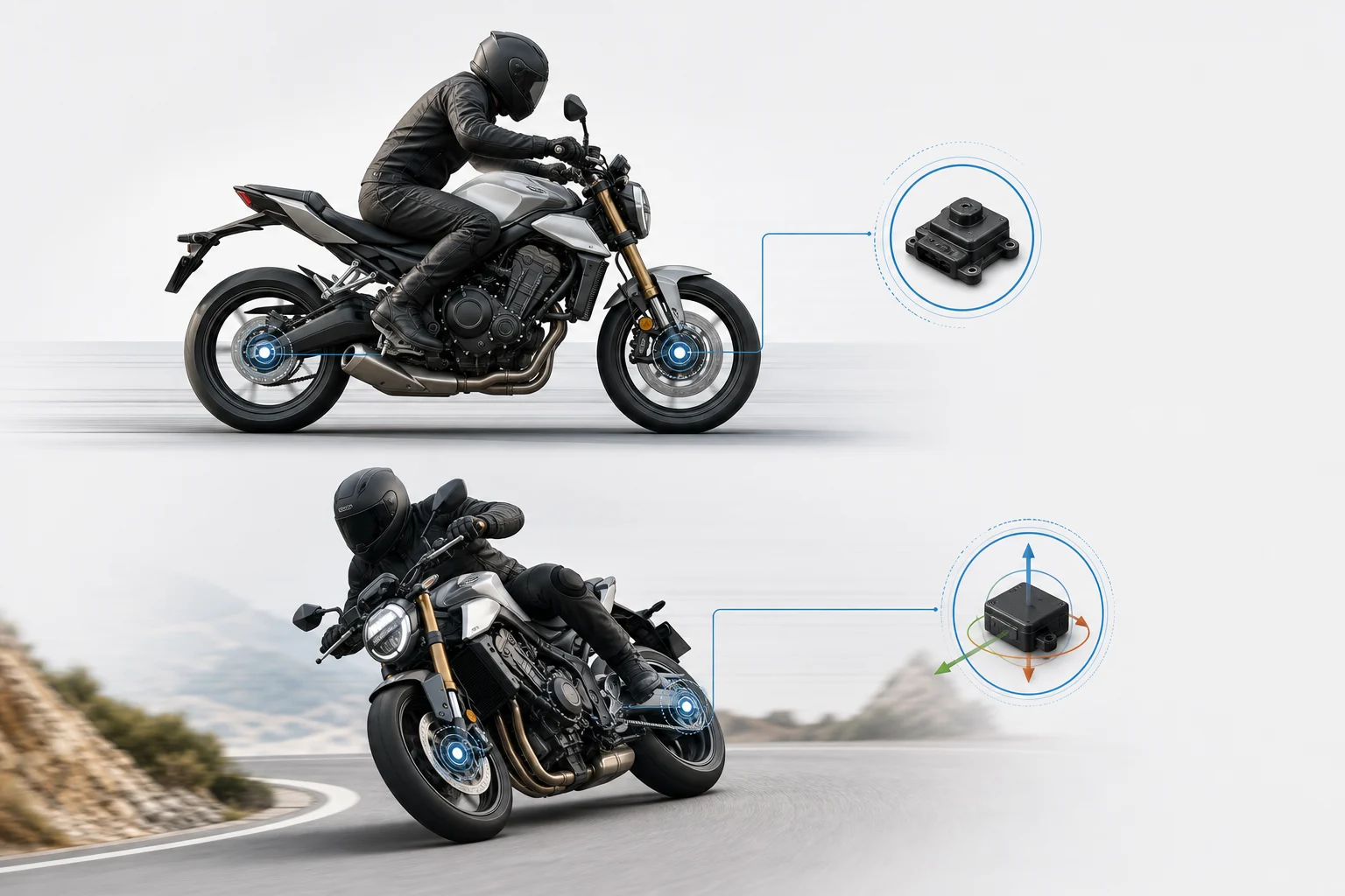Visual comparison between a motorcycle braking upright and another braking while leaned over, with wheel sensors and an inertial measurement unit represented