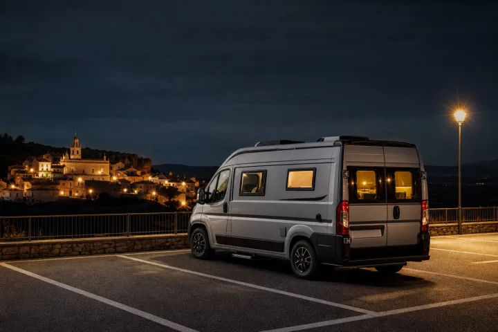 Camper parcheggiato di notte in uno stallo delimitato, senza arredi né oggetti all'esterno del veicolo