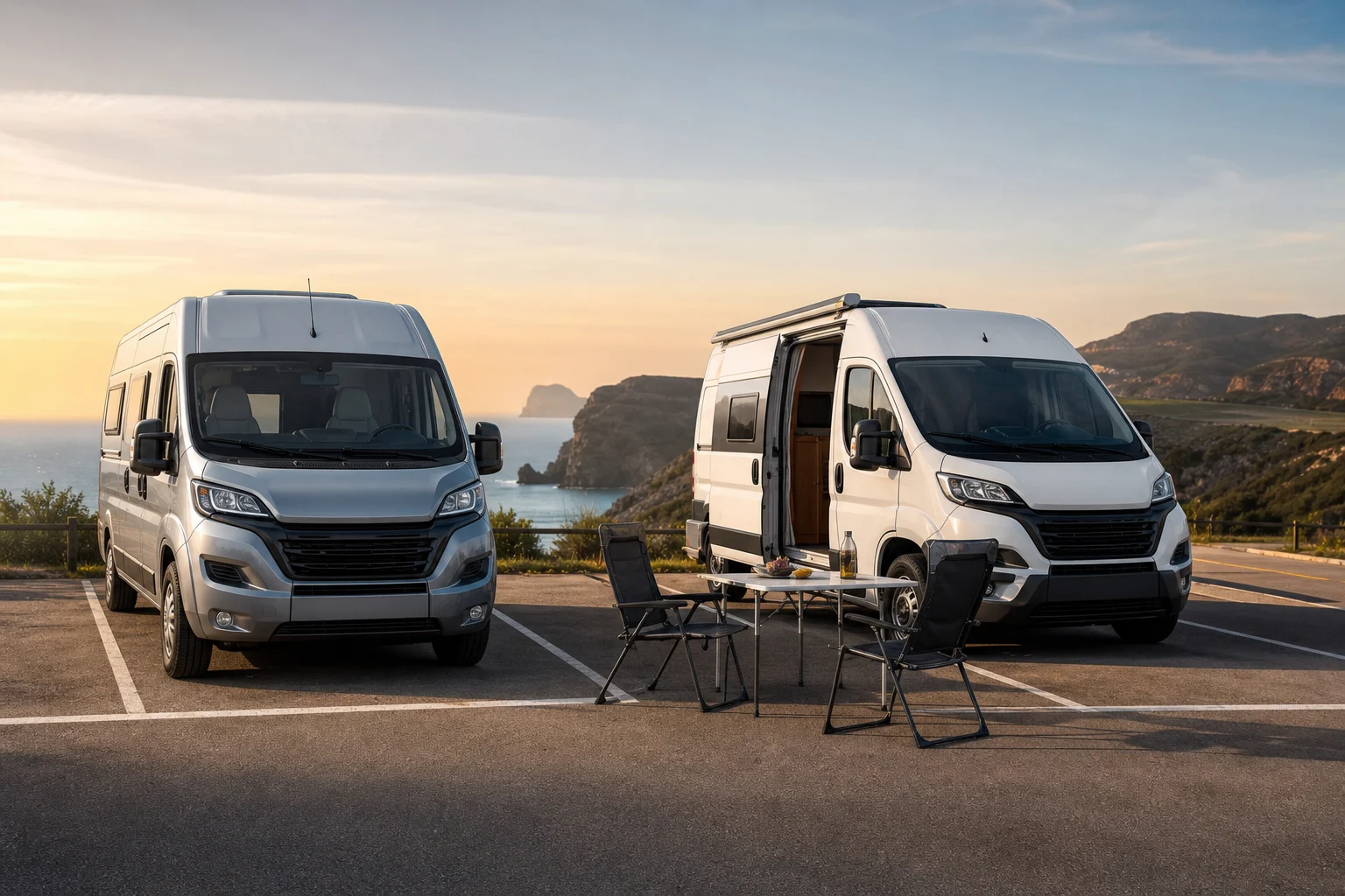 Two campervans parked, one with no outdoor items and another with a table and chairs set up outside