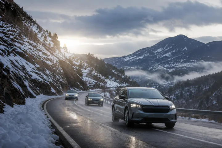 Drei Autos fahren auf einer nassen Bergstraße, bei einem liegt Schnee am Straßenrand