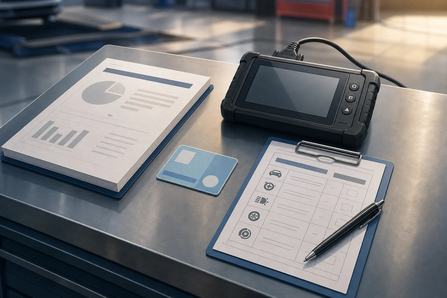 Documents and tools representing the DGT report, ITV, diagnostics and a pre-purchase inspection