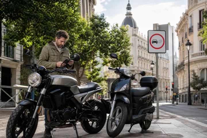 Motorrad und Moped neben einem Schild für eine städtische Umweltzone geparkt