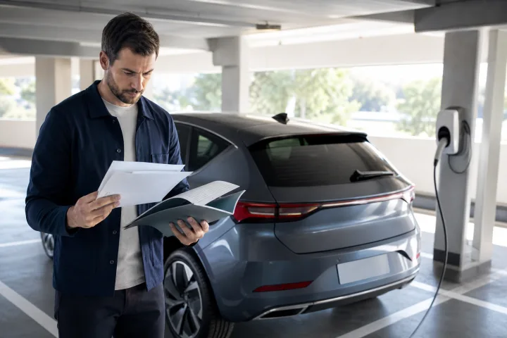 Käufer prüft Unterlagen zu einem gebrauchten Elektroauto neben dem Fahrzeug und einer Ladesäule