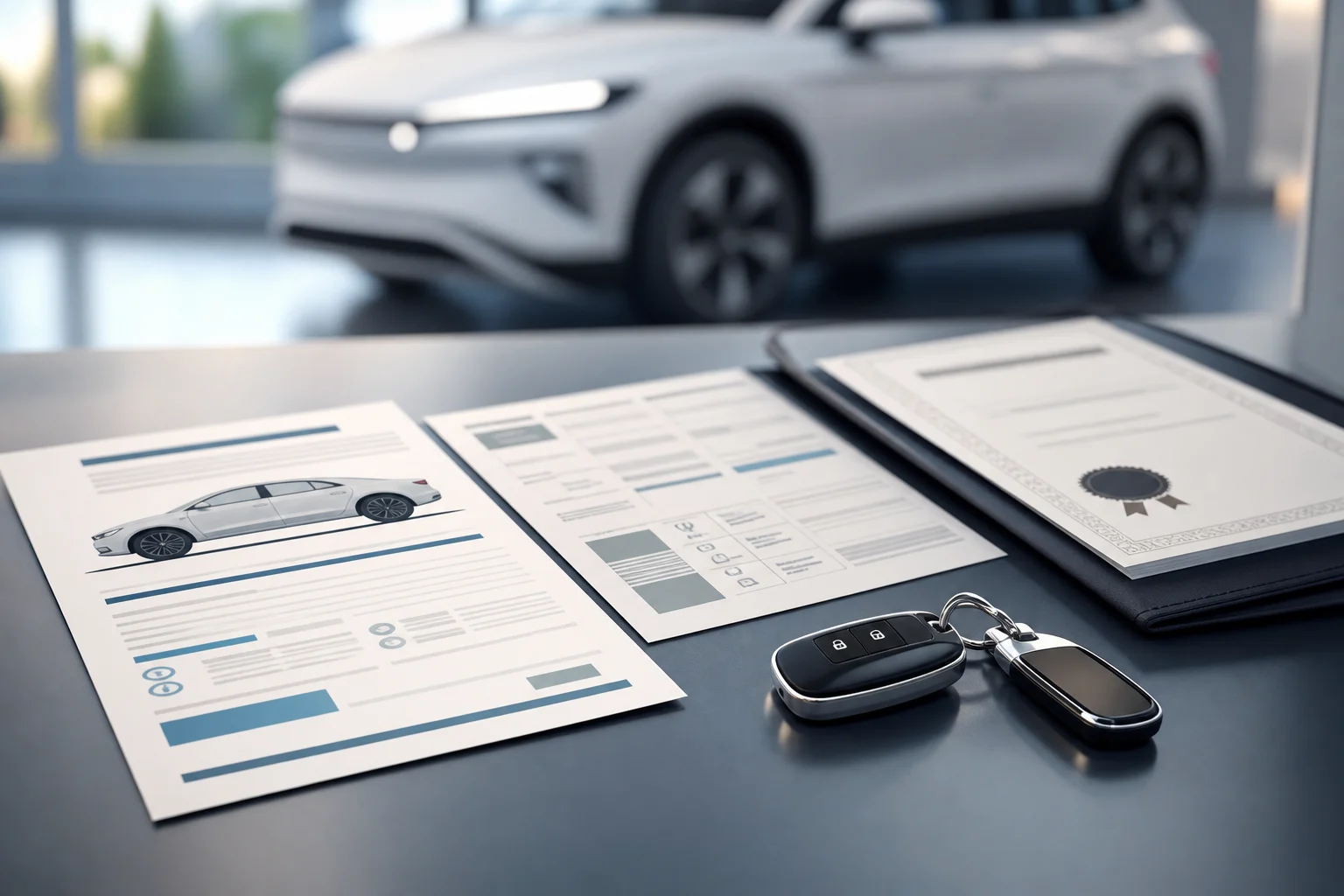 Documents d’une voiture électrique d’occasion sur une table avec ses clés