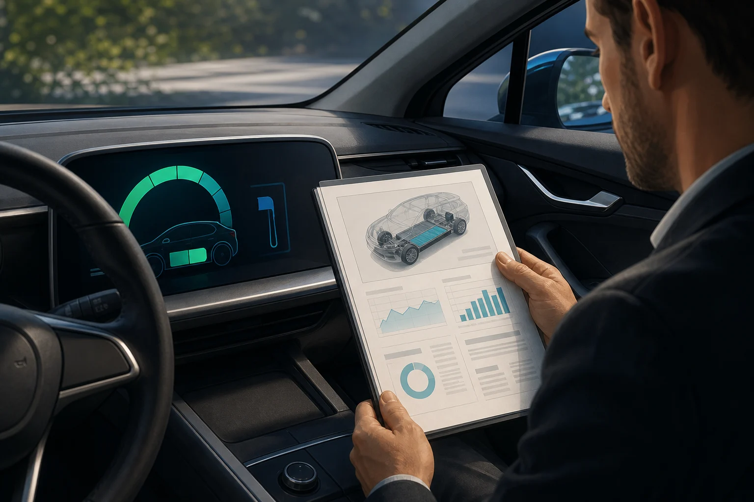 Écran de charge d’une voiture électrique à côté d’un rapport technique