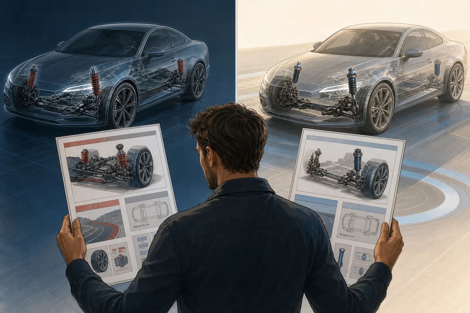 Driver comparing two suspension setups in the specification sheets of two generic cars.