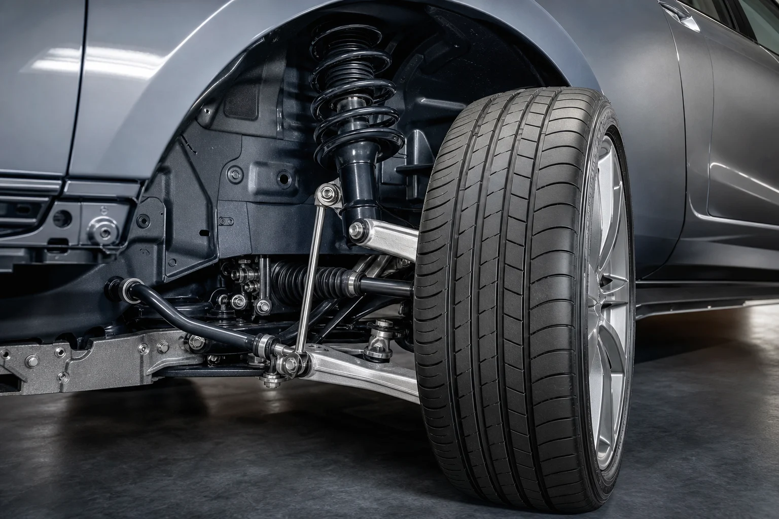 Detail of a wheel with the spring, damper, anti-roll bar and tyre visible.