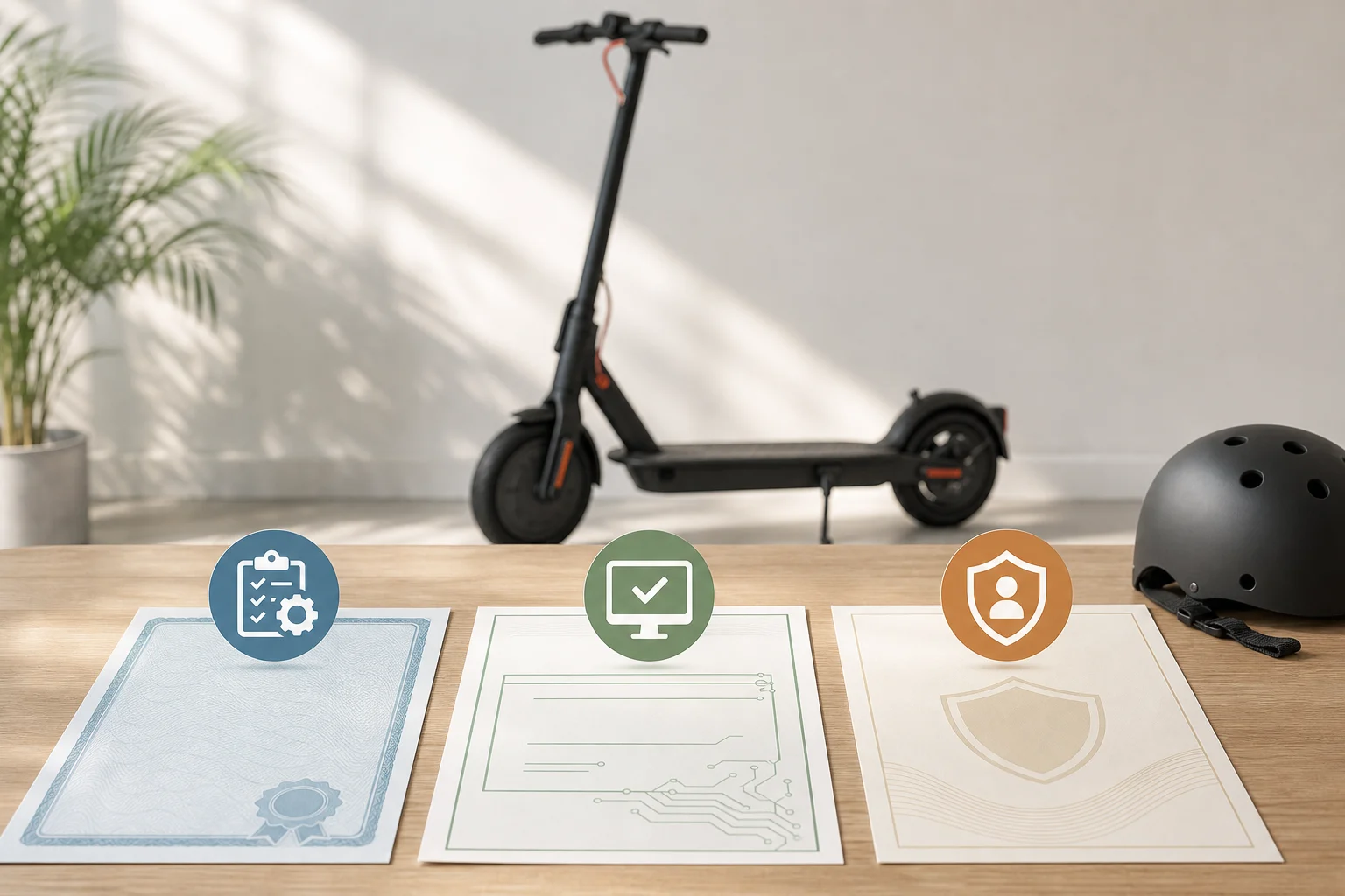 Trottinette électrique près de documents représentant la certification, l’inscription et l’assurance.