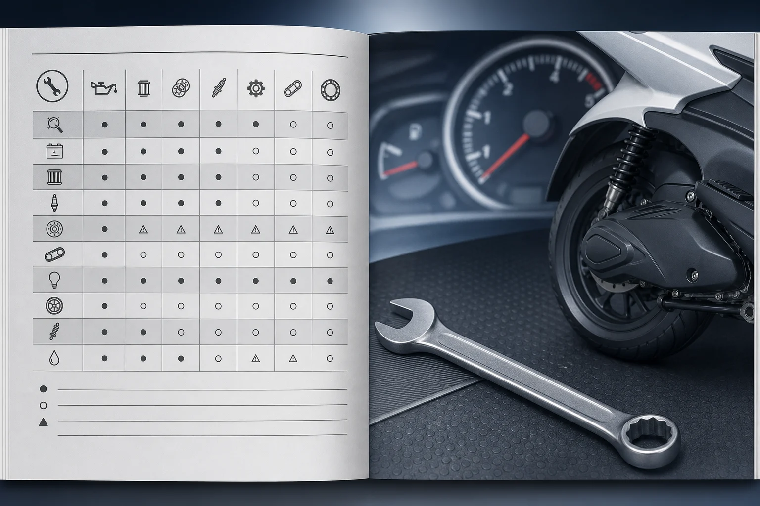 Scooter manual open to a maintenance schedule beside an odometer