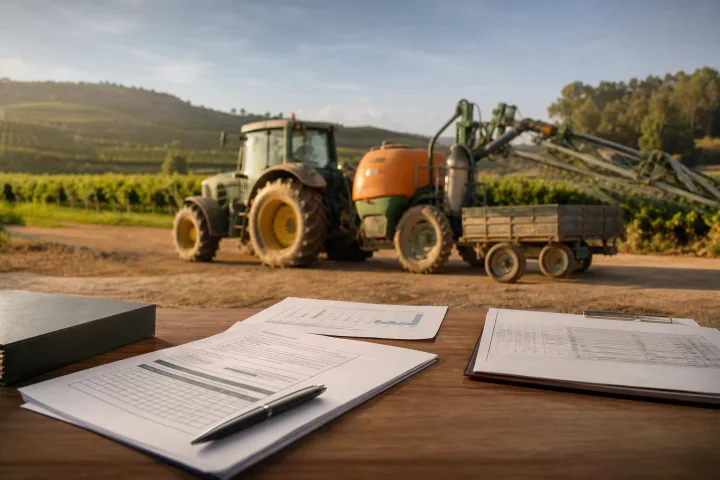 Tracteur avec remorque et pulvérisateur dans une exploitation agricole espagnole, près de documents techniques