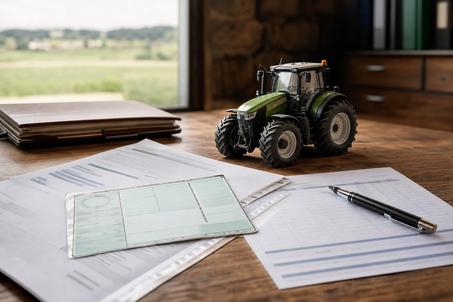 Documents techniques, carte ITV et facture près d’une maquette de tracteur sur une table