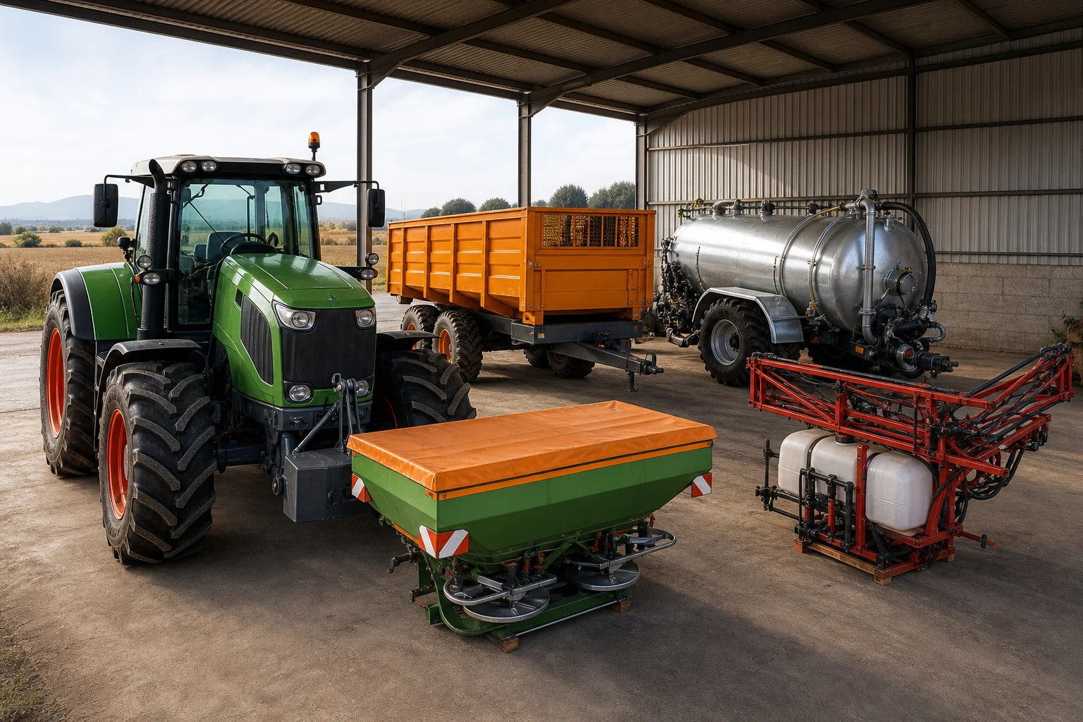 Tracteur, remorque, citerne, épandeur d’engrais et pulvérisateur agricole dans un hangar
