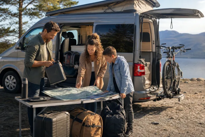 Famiglia che prepara bagagli e biciclette accanto a un’autocaravan, con una lista di carico e i documenti del veicolo