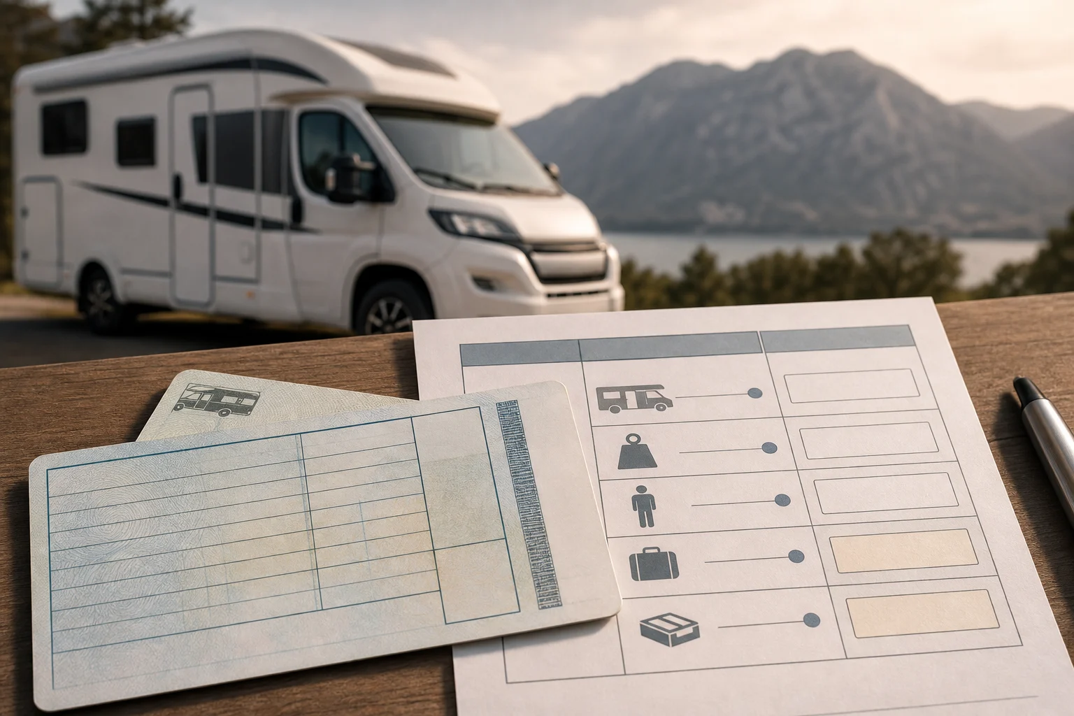 Campervan documentation beside a mass and luggage planning sheet