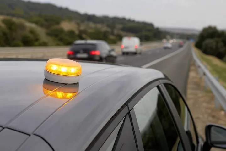 Gelbe vernetzte V-16-Leuchte auf dem Dach eines am Seitenstreifen stehenden Pkw