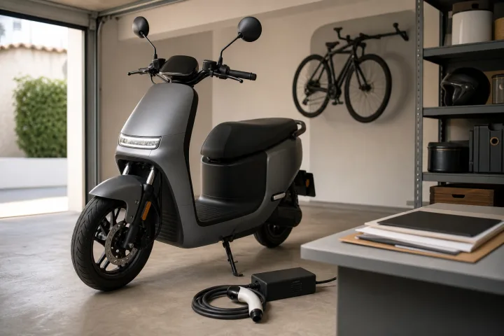 Moto elétrica do tipo scooter estacionada junto a um ponto de carregamento numa garagem residencial