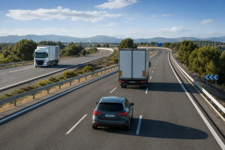 Auto che mantiene la distanza dietro un camion su una strada a più corsie