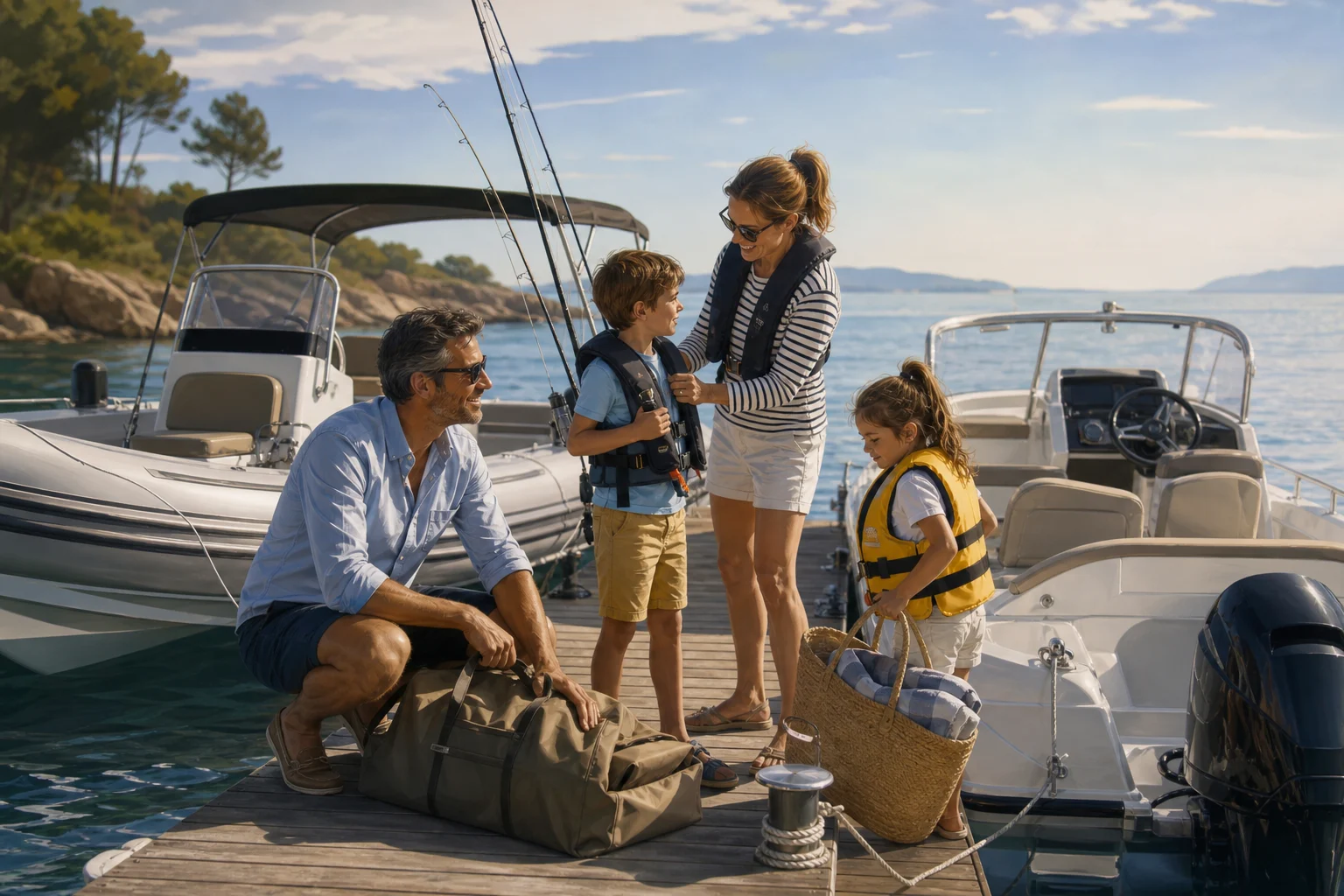 Familie vergleicht vor einem Tagesausflug ein Festrumpfschlauchboot und ein offenes Motorboot.