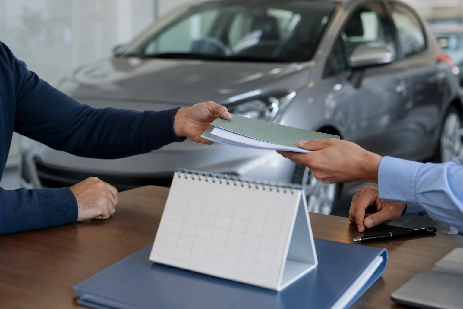 Unterlagen eines Autoverkaufs neben einem Kalender und einem geparkten Kompaktwagen