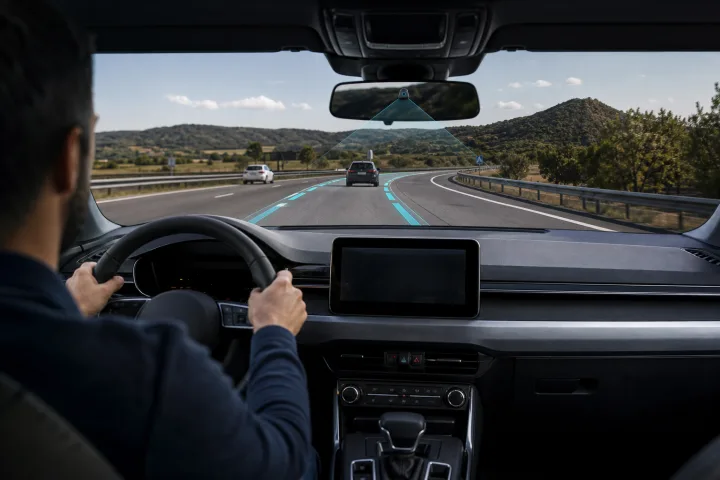 Conducente con le mani sul volante su una strada con segnaletica orizzontale ben visibile
