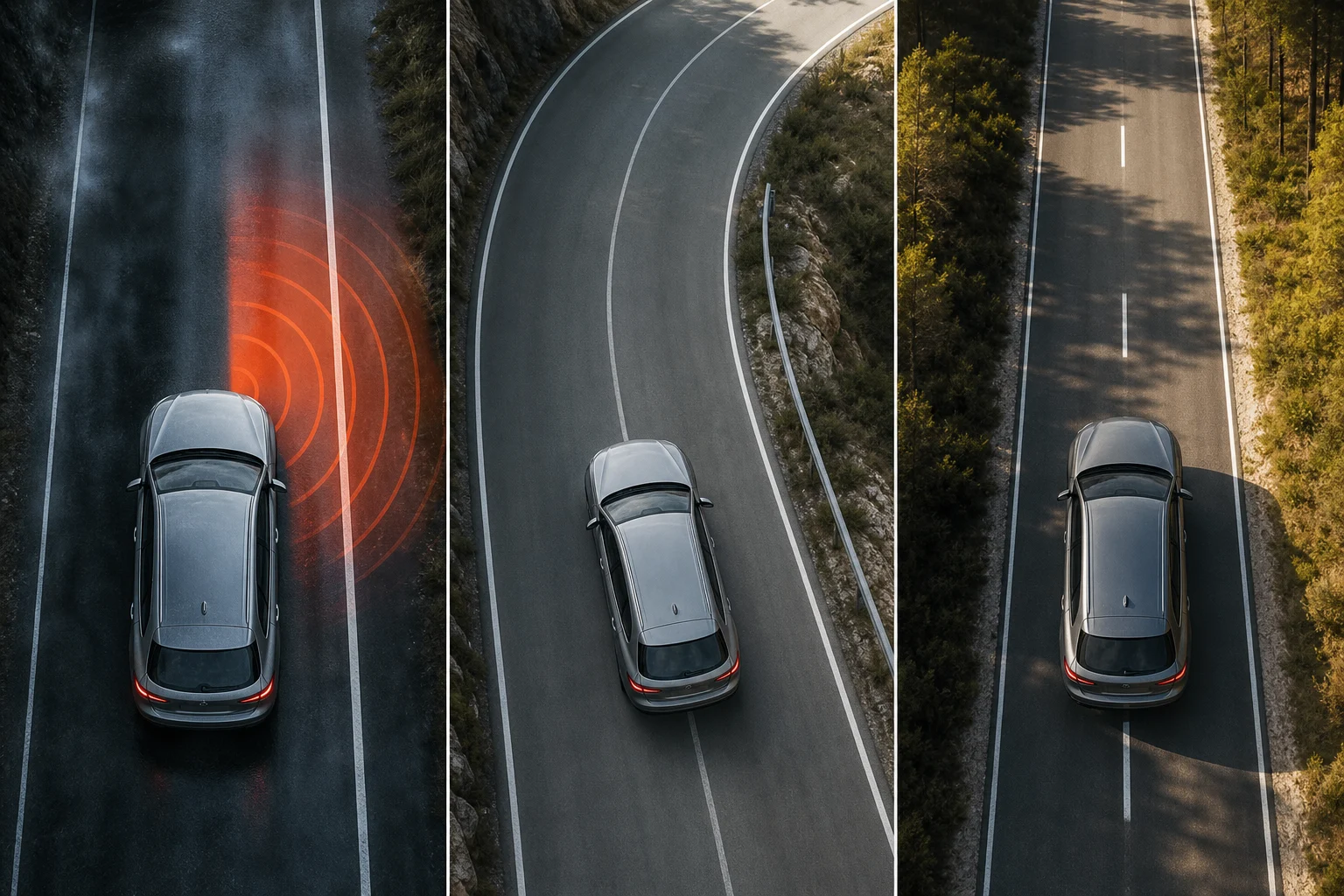 Trois représentations d’une voiture recevant une alerte, une correction et une aide au centrage entre les lignes de voie