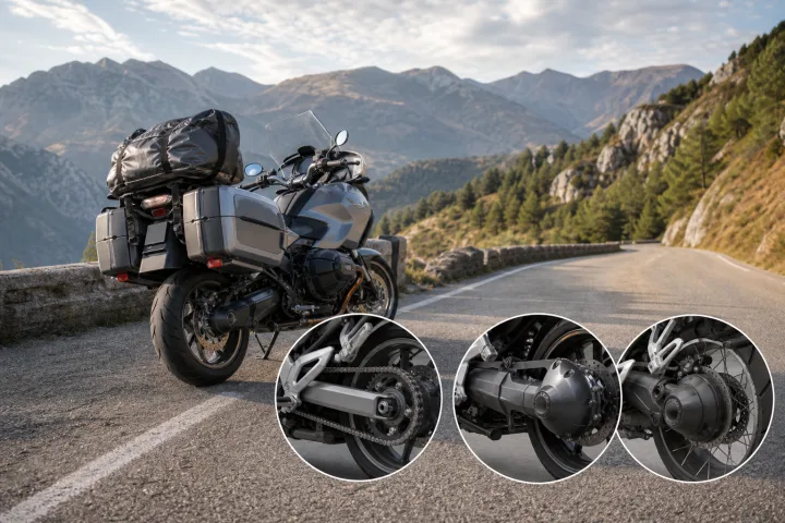 Moto touring carica di valigie accanto a una strada di montagna, con vista posteriore sulla trasmissione finale.