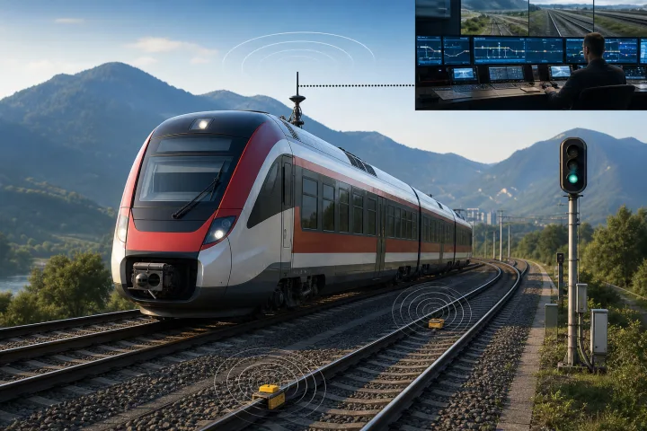 Illustration d’un train circulant sur une ligne équipée de balises et de communications ferroviaires