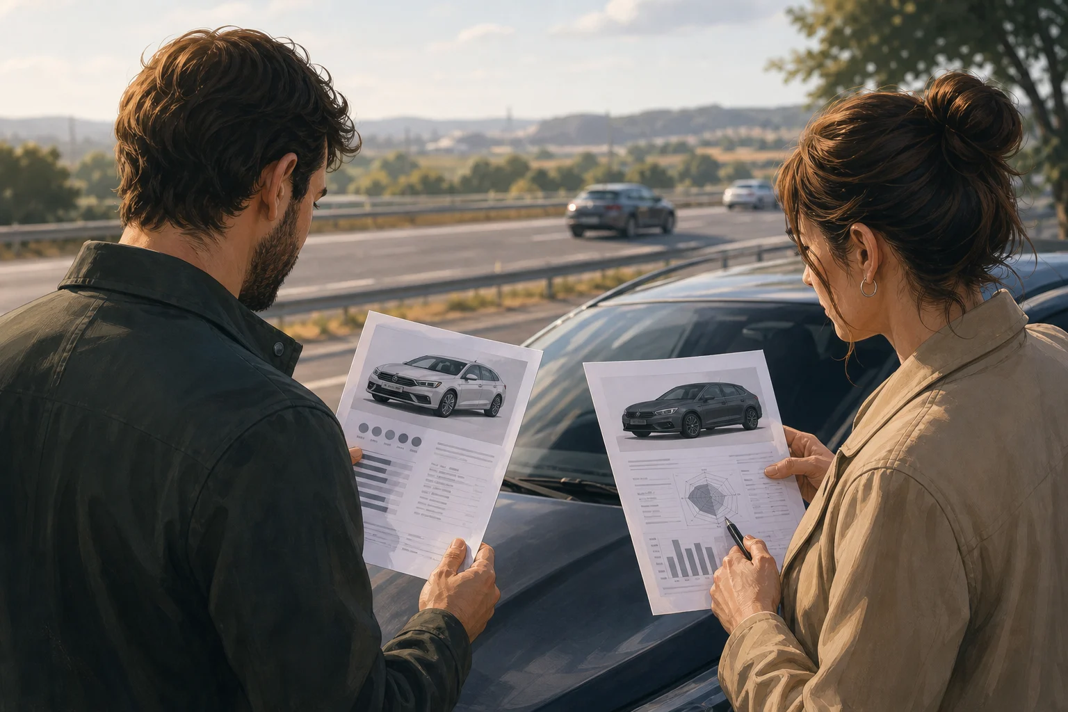 Fahrer vergleichen Informationen zu zwei Autos vor einer Kaufentscheidung für Reisen