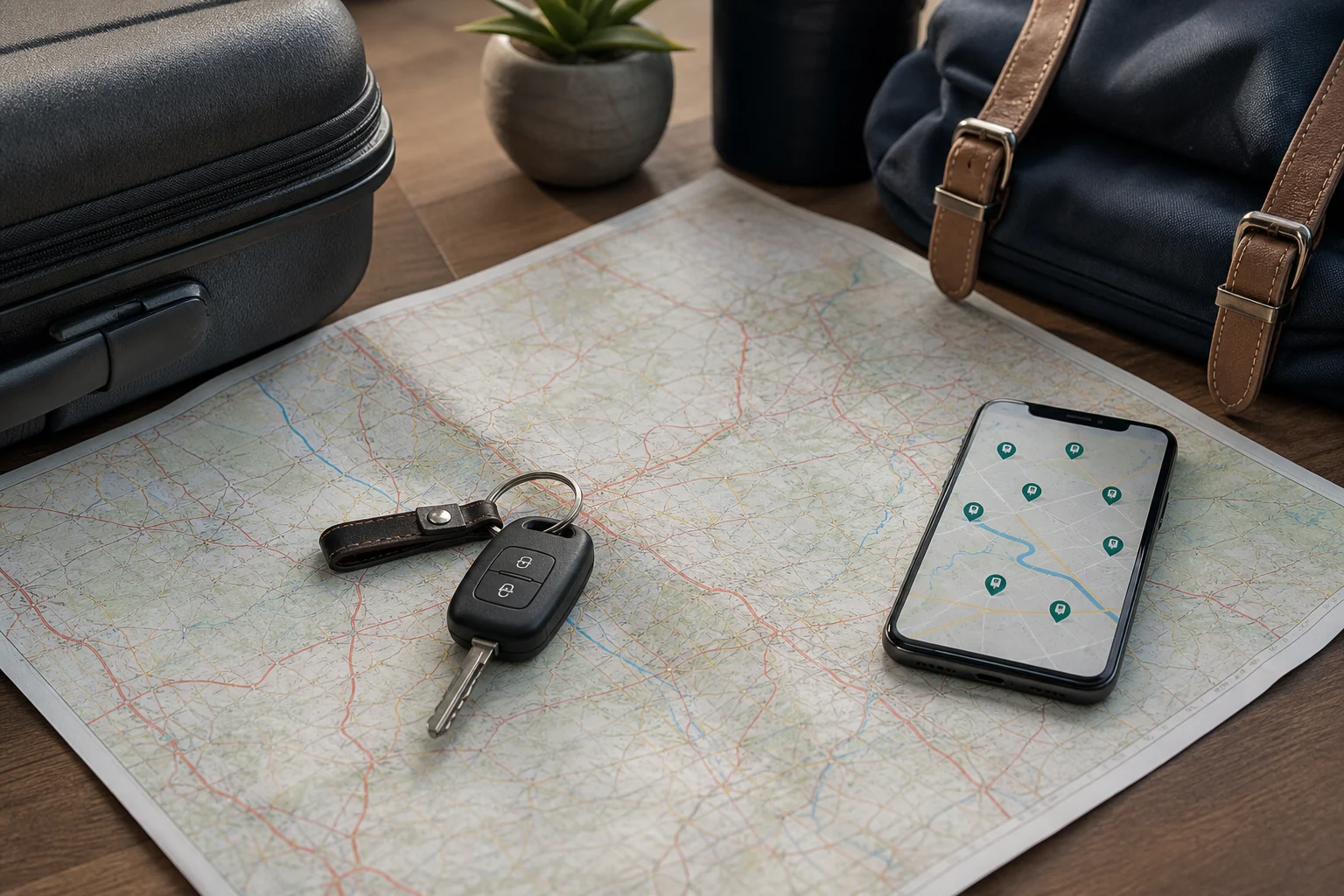 Planung von Autobahnstrecken mit Gepäck und Ladestationen auf einem Telefon