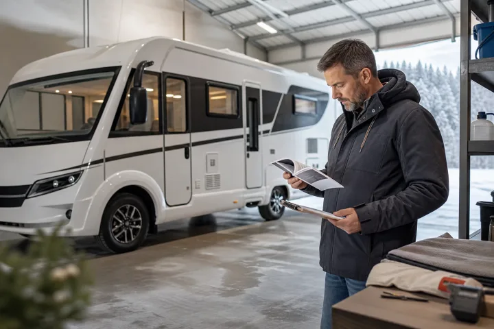 Autocaravan parcheggiata in inverno accanto a una lista di controllo e a materiale di manutenzione di base