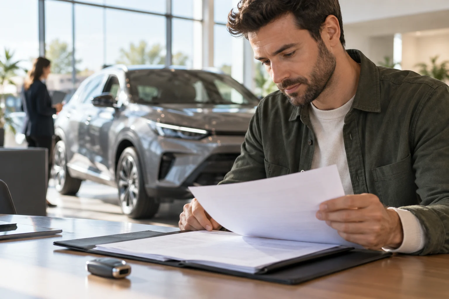 Person reviewing new car documentation beside the vehicle