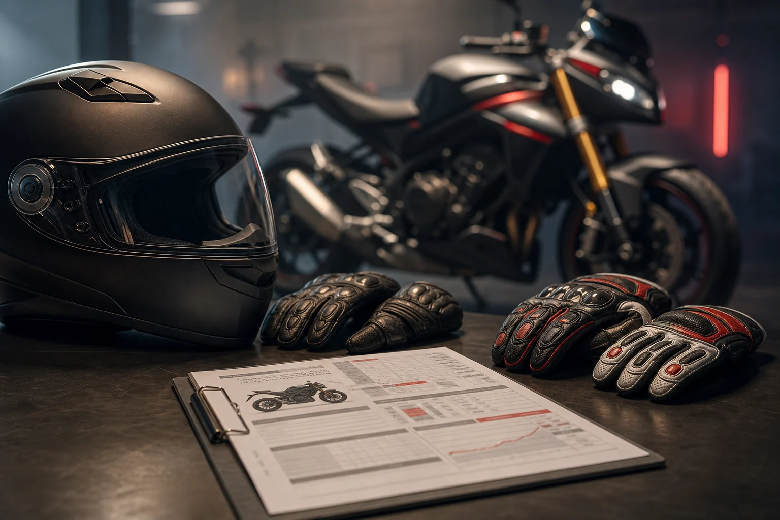 Motorcycle documentation beside helmets and gloves on a table.