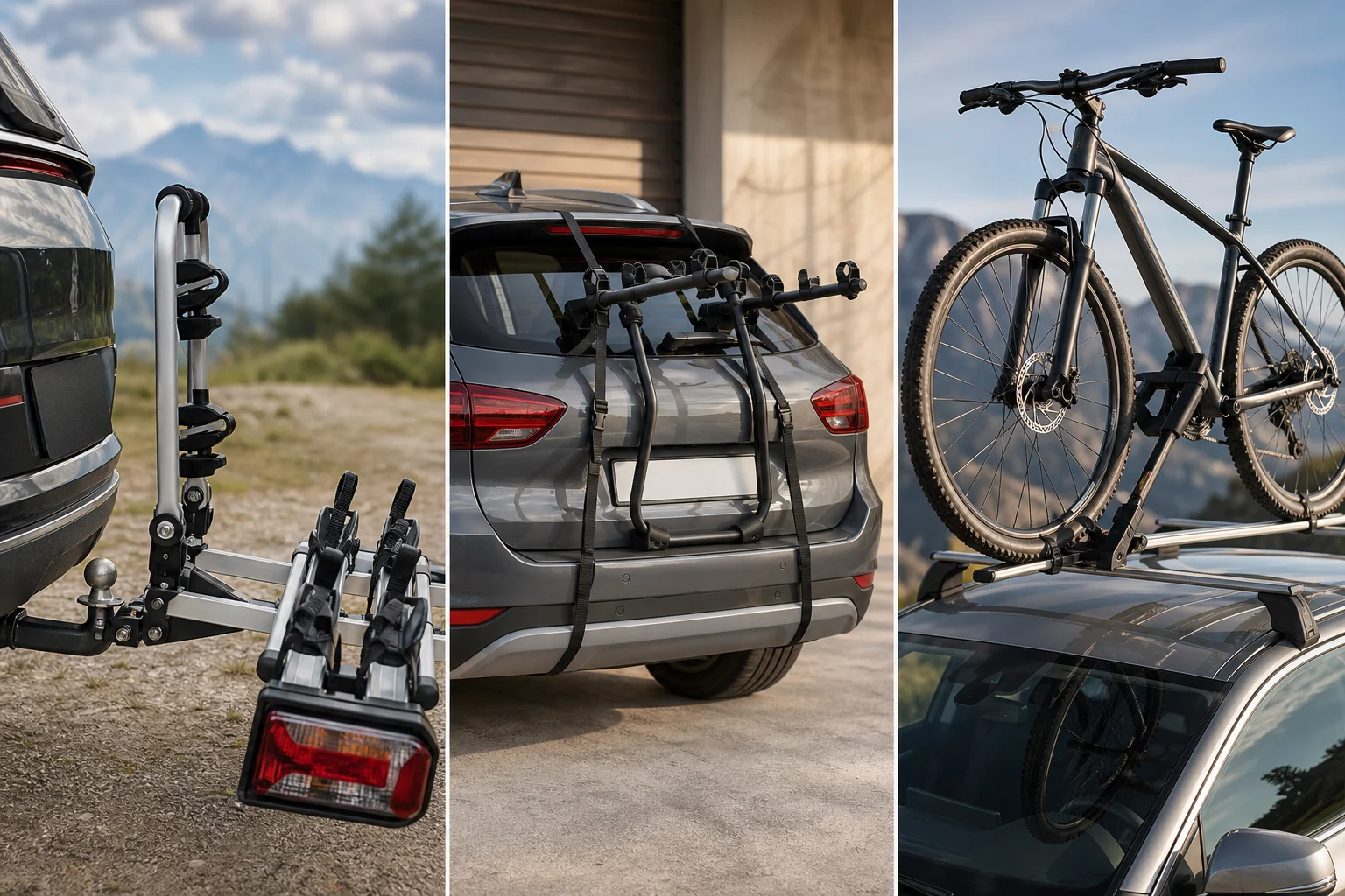 Trois détails comparatifs d’un porte-vélos sur boule, sur hayon et installé sur des barres de toit
