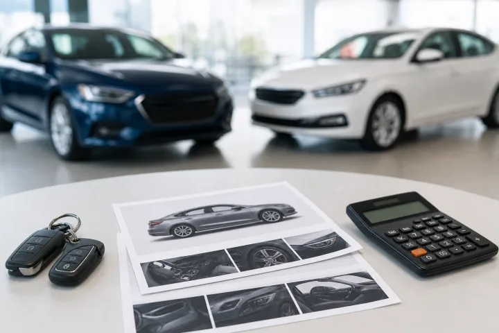 Zwei technische Datenblätter von Autos neben einem Taschenrechner auf einem Tisch, im Hintergrund ein unscharfer moderner Pkw.