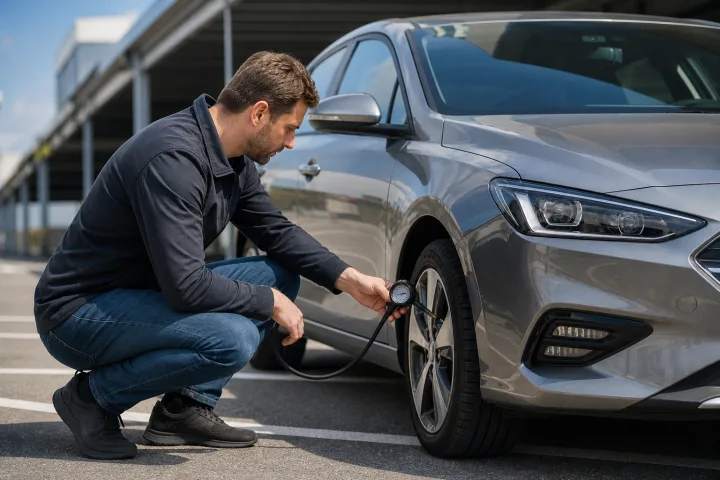 Driver checking a tyre’s pressure with a gauge beside a passenger car stopped in a safe place